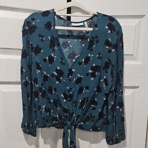 LUQ Teal Floral Blouse with Tie-Front